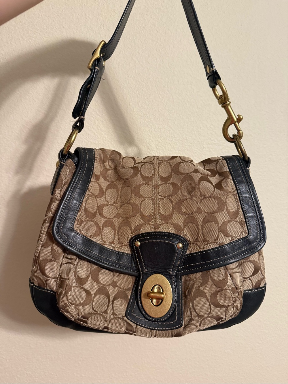 Coach Tan Signature Canvas Shoulder Bag with Black Trim